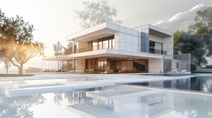 Innovative 3D render of a high-end villa, presenting a fusion of lifelike detail and architectural wireframe, with copy space for added context or design notes