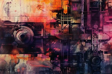 Mystical Industrial Watercolor Automation Graphic in Vibrant Digital Art Style