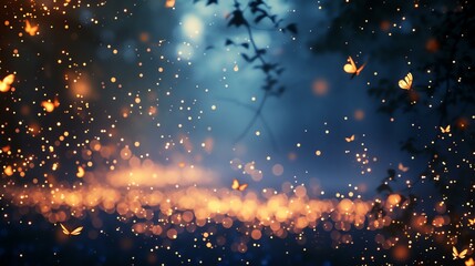 The image is a beautiful night scene with a lot of glowing butterflies.