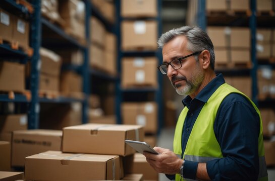 Wholesale warehouse employee with tablet inspection, humanitarian aid
