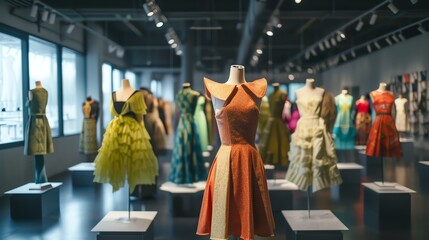 The image is of a fashion exhibit in a large, modern museum. There are many mannequins dressed in a variety of colorful dresses.
