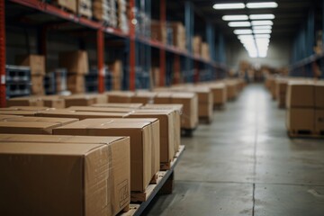 Obraz premium Huge warehouse goods, cardboard boxes on shelves, humanitarian aid