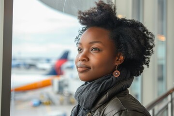 Young African American woman with curly hair contemplating near a window in an airport terminal. - Powered by Adobe