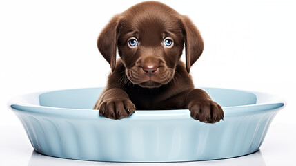 chocolate labrador retriever puppy, A Chocolate Labrador puppy sitting in large dog bowl -