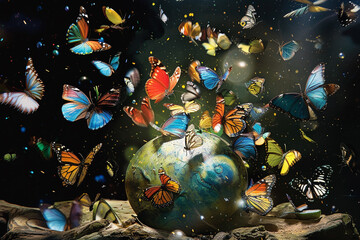 A cluster of colorful butterflies fluttering around a hidden Easter egg, creating a magical spectacle.
