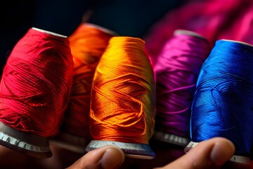 Fotografía de una cesta with ovillos de lana coloridos cercanos, acompañadas de una bufanda vibrante.
