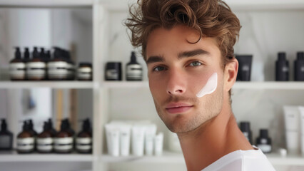 A handsome man applying cream on his face standing in with facial cream and skin care for men products display.