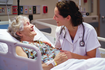 Nurse at hospital helps old senior patient. Generative AI