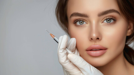 A woman receiving botox injection or filler for facial rejuvenation and for wrinkle reduction, Facial treatments and personal care.
