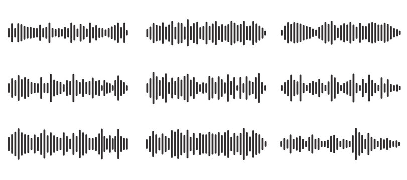 Set of wavy, vibrating and pulsating lines. Podcast sound waves. Waveform pattern for music player, podcast, voice message, music app. Audio wave icon. Isolated vector illustration.