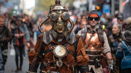 Naklejka premium Steampunk-inspired costume in a crowded city street