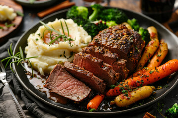 Sliced roast beef with mashed potatoes, carrots and broccoli. Generative AI
