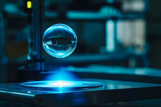 Magnetic superconductor suspends halo sphere in midair with levitation effect. Concept Superconductor, Magnetic Levitation, Science Experiment, Halo Sphere, Levitation Effect