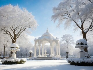 "Snowy Elegance: Urban Park Transformed into Winter Wonderland"