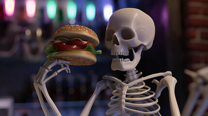 human skeleton holding a burger