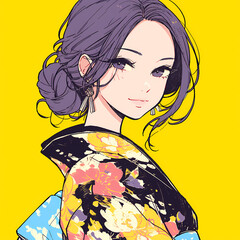 Brighten up your Designs with This Traditional Japanese Lady in a Stunning Kimono, Rendered in Anime Style with Elegant Flair and Colorful Detail.