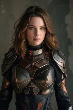 Futuristic female warrior in high-tech armor