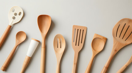 Kitchen utensils lie neatly laid out on a white background - obrazy, fototapety, plakaty