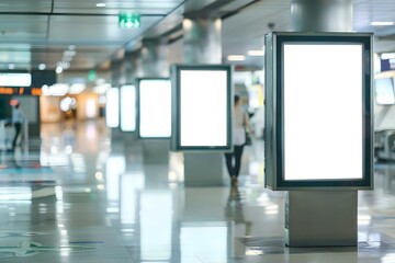 Airport kiosks display blank billboards inviting travelers to share their journey. Concept Travel Stories, Journey Memories, Airport Adventures, Interactive Billboards, Global Connections