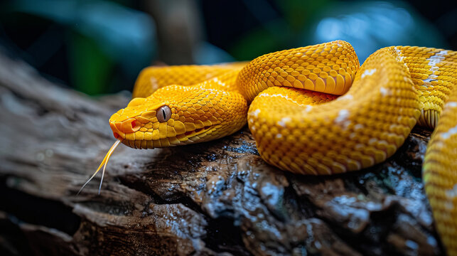 A yellow snake sits on a tree branch, its gaze directed forward