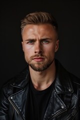 Obraz premium Serious young man with beard wearing leather jacket