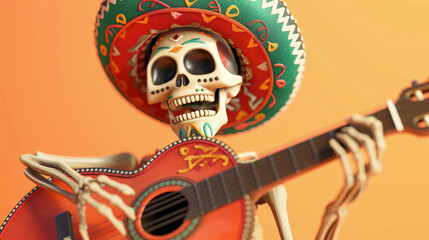 skull wearing Sombrero Mexican Hat and  playing guitar