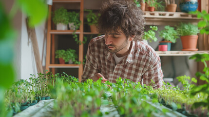 Urban Gardener Tending to His Lush Indoor Seedlings. Generative AI