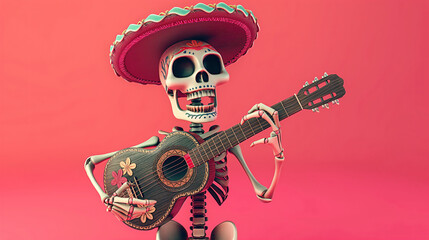 skull wearing Sombrero Mexican Hat and  playing guitar