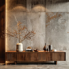 A wooden table with a vase of flowers and a bowl of books on it. The table is placed in front of a wall with a textured surface. Scene is calm and serene, with the flowers