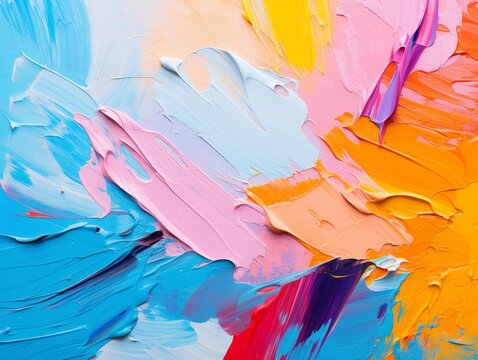 Vivid closeup of an abstract canvas painting, where each multicolored brushstroke and palette knife mark is a study in artistic texture