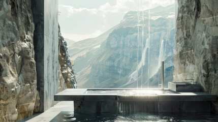 Modern design of a single waterfall on a mountain background. Relaxation area with a waterfall. Design and interior concept. - obrazy, fototapety, plakaty