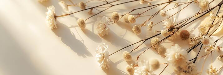 bunch of dried flowers on a white surface with shadows on the wall behind them