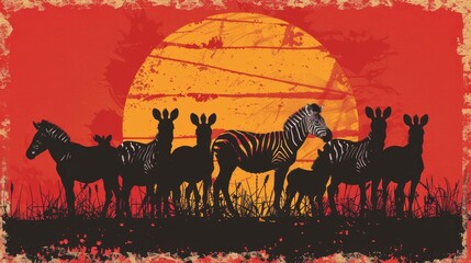 Naklejka premium A group of zebras silhouetted against a bright red sunset their distinctive stripes standing out..