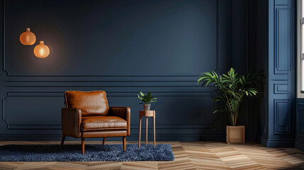 A dark blue room with an armchair, a window letting in natural light and lush indoor plants adding life to the space