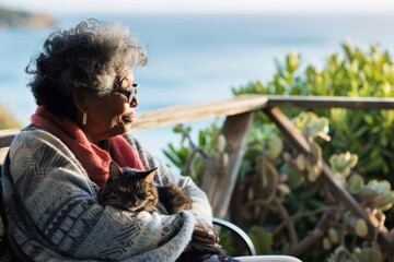 Senior African American woman in glasses cuddling with her cat outdoors.