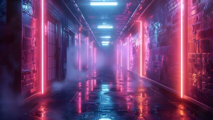 Neon-lit cyberpunk garage scene with gritty and realistic D rendering. Concept Cyberpunk Style, Neon Lighting, Garage Scene, 3D Rendering, Gritty Aesthetics