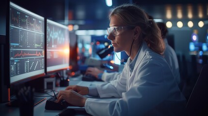 A woman in a lab coat is at her computer screen in a dimly lit room