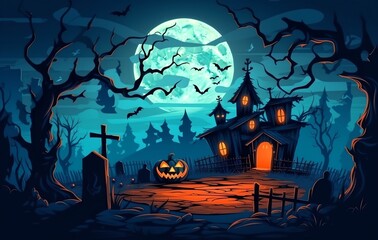 a halloween scene with a creepy house and bats in the sky with a full moon in the background illustration..