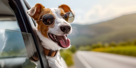 Cool dog in sunglasses looking out of car window, happy to travel in a car