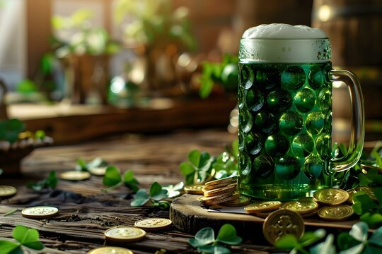 St Patricks Day celebration with gold coins green beer and shamrocks. Concept St, Patrick's Day, Gold Coins, Green Beer, Shamrocks, Celebration