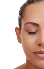 Naklejka premium Studio, calm and woman with eye shadow for beauty, makeup and confidence with mockup. Female model, cosmetics and eyelashes for self care by white background, glamour and smooth results with backdrop