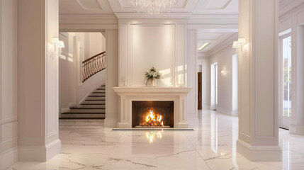 Bright, cozy room with a fireplace in white tones