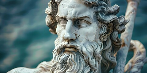 Obraz premium a statue of a man with a sword in his hand and a beard and mustache on his head, with a body of water behind him