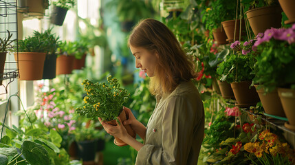 Young Woman Tending to Her Lush Indoor Garden. Generative AI