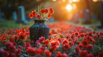 Vase of Red Flowers on Field