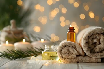 Obraz na płótnie Canvas Spa essentials towels candles oils for beauty treatments with copy space. Concept Spa Essentials, Beauty Treatments, Towels, Candles, Oils