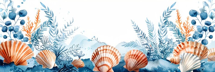 a painting of seashells and seaweed on a blue background with a white background and a white border