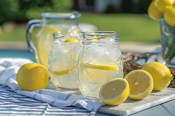 a table with lemons and water on it and a pitcher of lemonade on the table with lemons