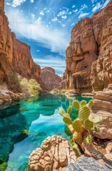 Serene desert oasis with turquoise waters and towering cliffs