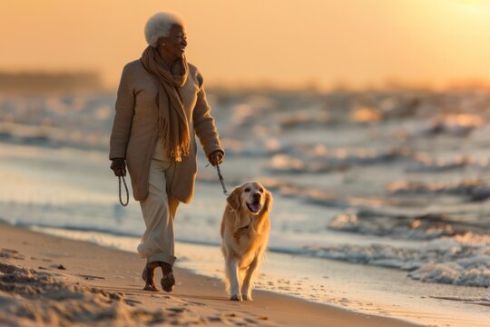 miling African American senior woman walking with her golden retriever on a beach at sunset.